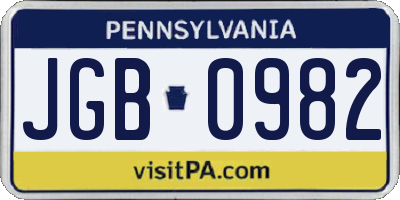 PA license plate JGB0982