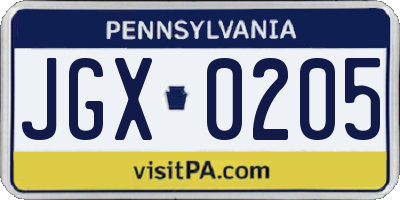 PA license plate JGX0205