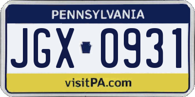 PA license plate JGX0931