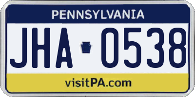 PA license plate JHA0538