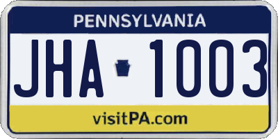 PA license plate JHA1003