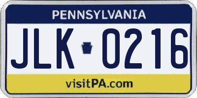 PA license plate JLK0216