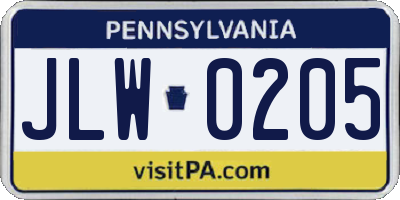 PA license plate JLW0205