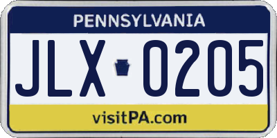 PA license plate JLX0205