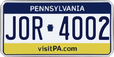 PA license plate JOR4002