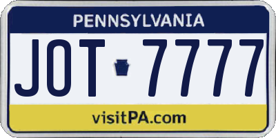 PA license plate JOT7777