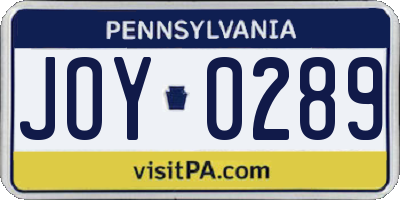 PA license plate JOY0289