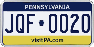 PA license plate JQF0020
