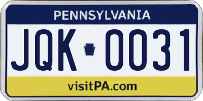 PA license plate JQK0031