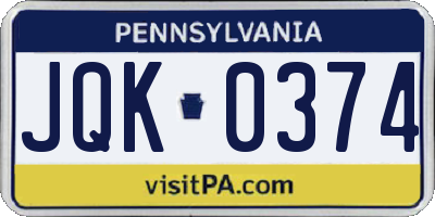 PA license plate JQK0374
