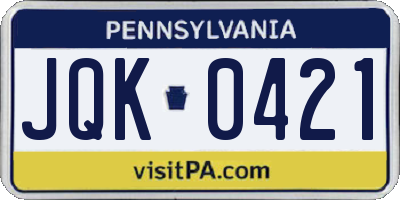 PA license plate JQK0421