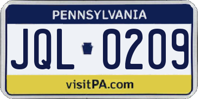 PA license plate JQL0209