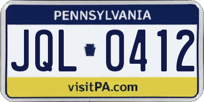 PA license plate JQL0412