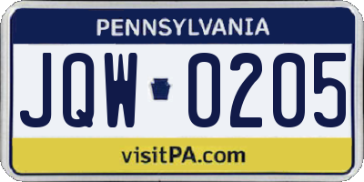 PA license plate JQW0205