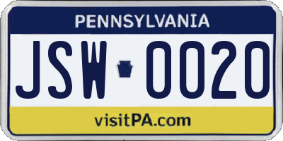 PA license plate JSW0020