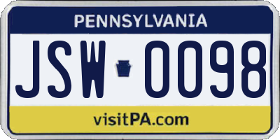 PA license plate JSW0098