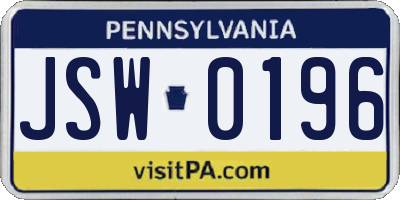PA license plate JSW0196