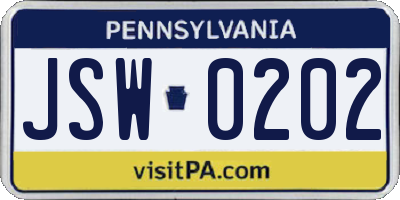PA license plate JSW0202