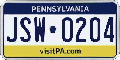 PA license plate JSW0204