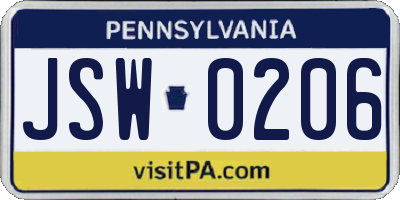 PA license plate JSW0206
