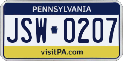 PA license plate JSW0207