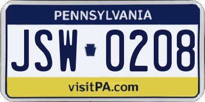 PA license plate JSW0208