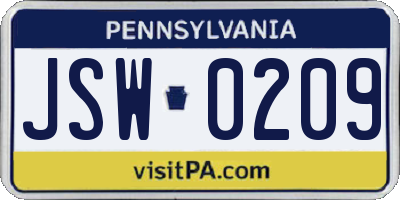 PA license plate JSW0209