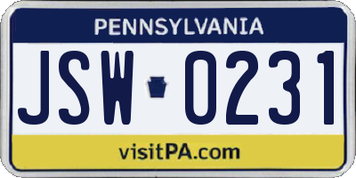 PA license plate JSW0231