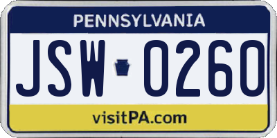 PA license plate JSW0260