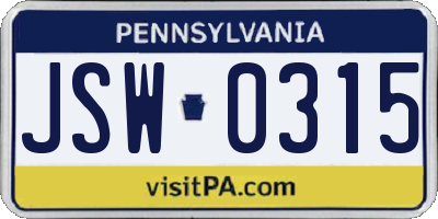 PA license plate JSW0315