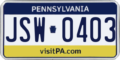 PA license plate JSW0403