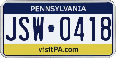 PA license plate JSW0418