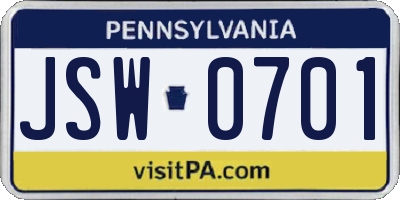 PA license plate JSW0701