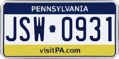 PA license plate JSW0931