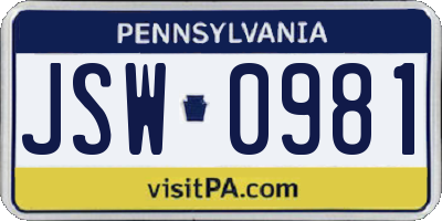 PA license plate JSW0981