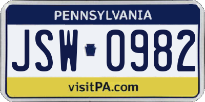 PA license plate JSW0982