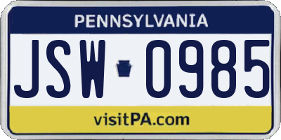 PA license plate JSW0985