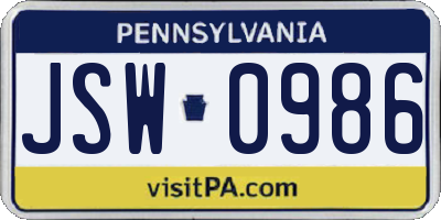 PA license plate JSW0986