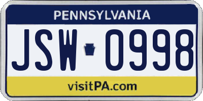 PA license plate JSW0998