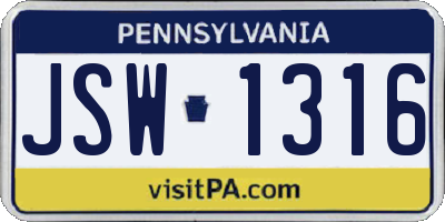 PA license plate JSW1316