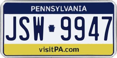 PA license plate JSW9947
