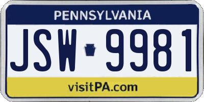 PA license plate JSW9981