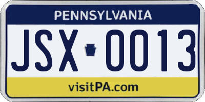 PA license plate JSX0013