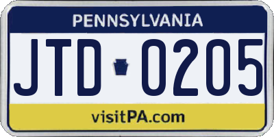 PA license plate JTD0205
