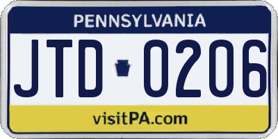 PA license plate JTD0206