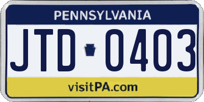 PA license plate JTD0403