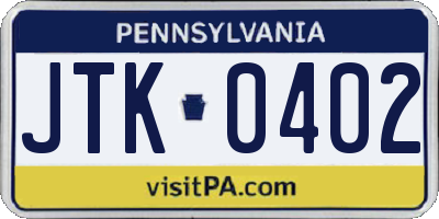PA license plate JTK0402