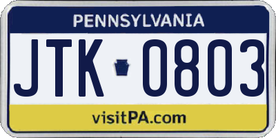 PA license plate JTK0803