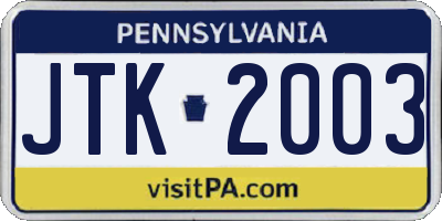 PA license plate JTK2003