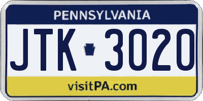 PA license plate JTK3020